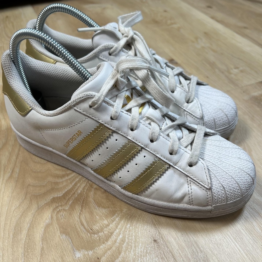 Adidas Superstar Shoes Womens Size 7.5 White Gold Leather‎ Shell Toe FX7483
